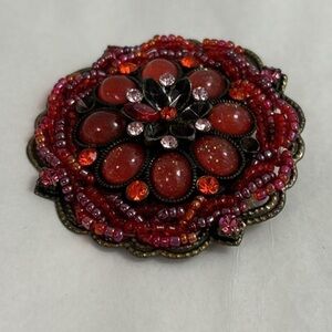 VINTAGE beaded bejeweled brooch bronze coloured metal backing red costume jewels
